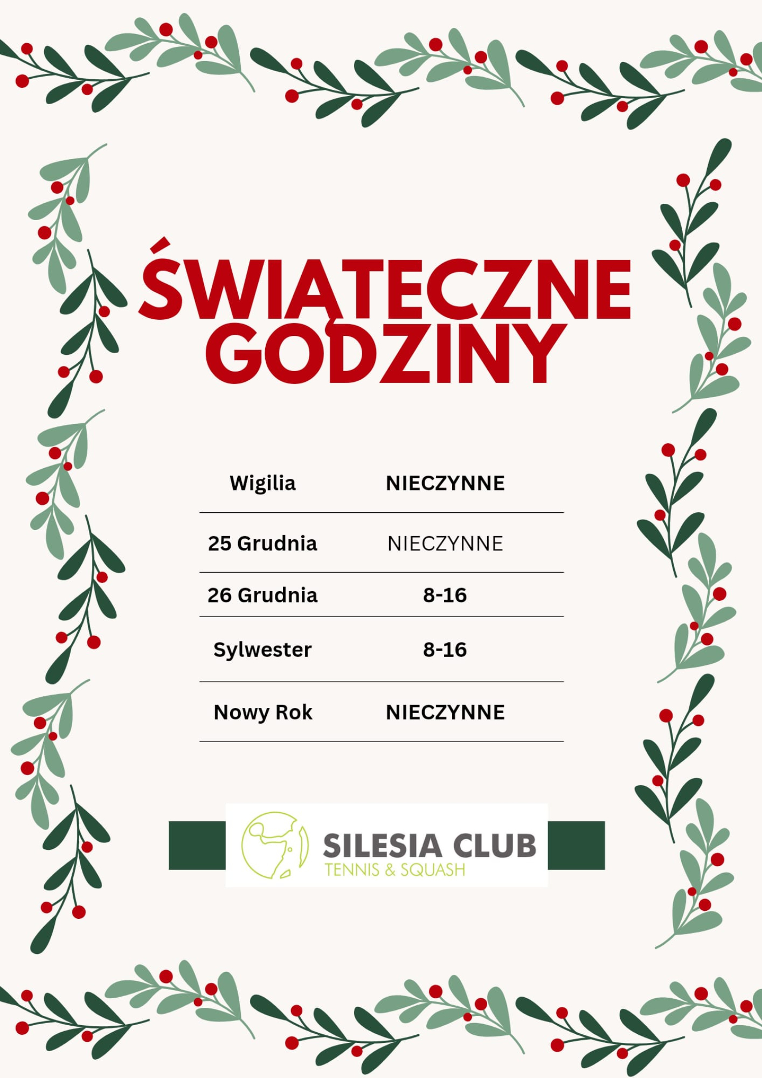 Godziny otwarcia w okresie świątecznym